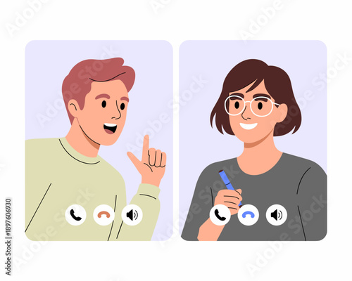 Diverse man and woman in online video conference call on computer having business meeting modern communication professional virtual office team collaboration remote work concept for presentation or ad