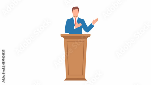 Confident businessman giving speech on podium business presentation vector illustration public speaking concept for corporate conference keynote address meeting seminar event professional communicatio