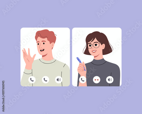 Online video call with young male and female colleagues teleconferencing on computer screen professional remote communication for virtual meeting modern digital connection business teamwork concept il