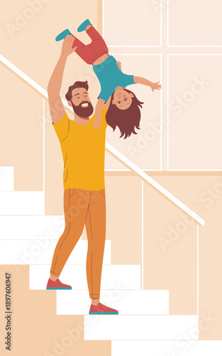 Happy father holding playful daughter upside down on staircase at home loving parent having fun with child family bonding moment carefree childhood relationship illustration for parenting blogs family