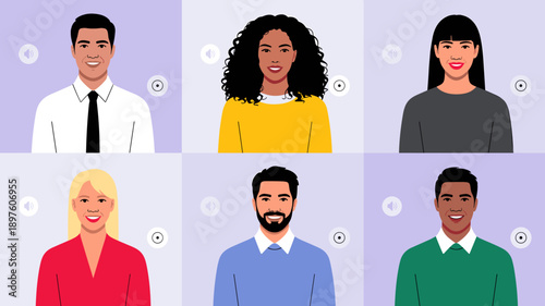 Diverse team members in virtual online meeting on computer screen video conference call diverse business people talking working from home professional communication technology illustration for remote