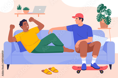 Happy young man relaxing on sofa with friend skateboarder in casual home interior illustration vector roommates chilling carefree friendship lifestyle youth culture communication social connection for