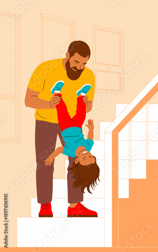 Loving dad holding young daughter upside down smiling cheerfully having fun together at home staircase playful family bonding moment joyful childhood parenting illustration for family blogs parenting
