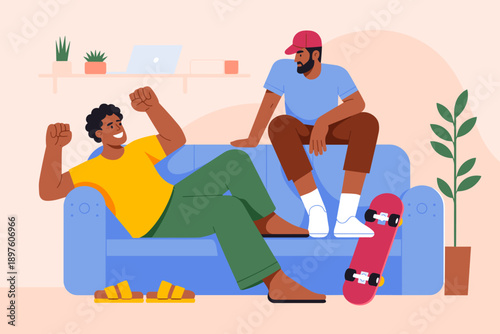 Two young diverse men relaxing on sofa at home celebrating success achievement with skateboard and laptop in modern living room friends enjoying leisure time lifestyle illustration for social media ma