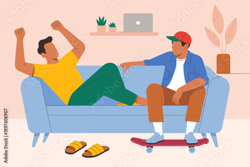 Happy diverse young men relaxing on sofa in modern apartment cheering success achievement lifestyle friendship illustration for advertising marketing social media content positive emotion youth cultur