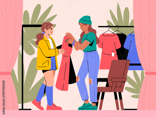 Two stylish young women shopping for clothes at trendy boutique fashion store trying on dress in fitting room with modern aesthetic illustration for retail advertising or social media marketing visual