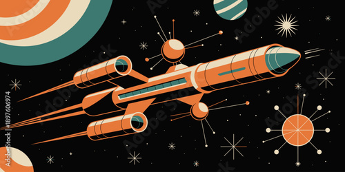 Retro futuristic spaceship flying in outer space with planets stars and galaxy illustration vintage spacecraft for space exploration science fiction travel and cosmic adventure in retro style for post