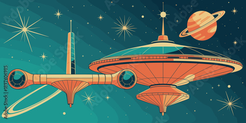 Retro futuristic space station orbiting planet in cosmos among stars vintage science fiction outpost concept for space exploration adventure graphic design projects and retro styled space travel theme