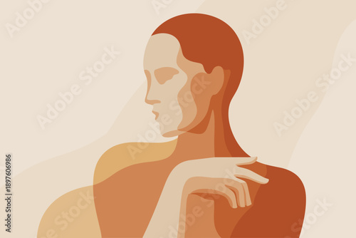 Elegant woman portrait illustration in modern minimalist style translucent layers thoughtful pose creative design for fashion beauty wellness industry advertising branding artistic concept beige terra