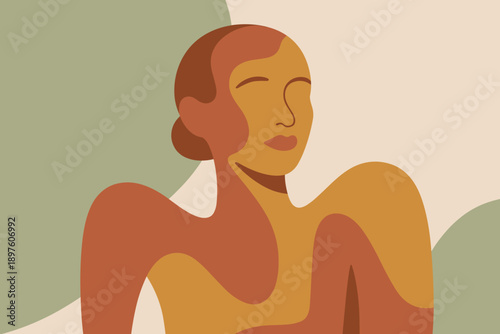 Abstract minimalist woman portrait illustration with earth tone color palette modern artistic female figure in contemplative pose for wellness branding creative lifestyle graphic design project elegan