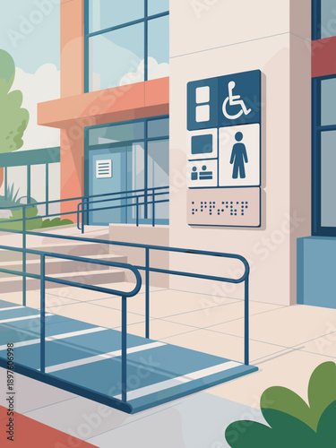 Modern accessible building entrance with wheelchair ramp and disability access signage inclusive design for public spaces promoting accessibility and inclusivity architectural illustration for healthc