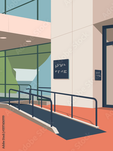 Modern accessible building entrance with ramp and braille signage ensuring inclusivity and universal access for all abilities in urban architecture for disability awareness campaigns promoting accessi