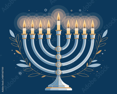 Elegant Hanukkah menorah with glowing candles for Jewish holiday celebration traditional candelabra illustration religious symbol of light and faith for festive greeting cards and cultural event promo