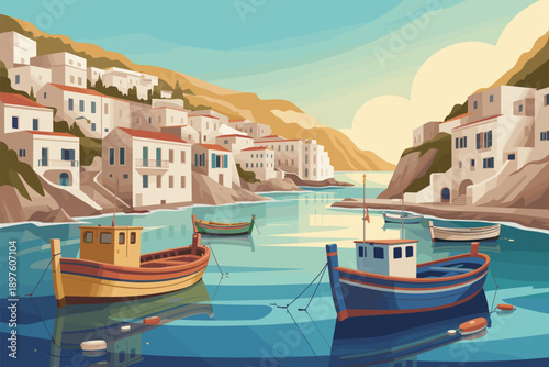 Picturesque Mediterranean harbor town with colorful fishing boats in tranquil bay calm waters traditional white buildings on hillside travel destination summer vacation tourism advertising background