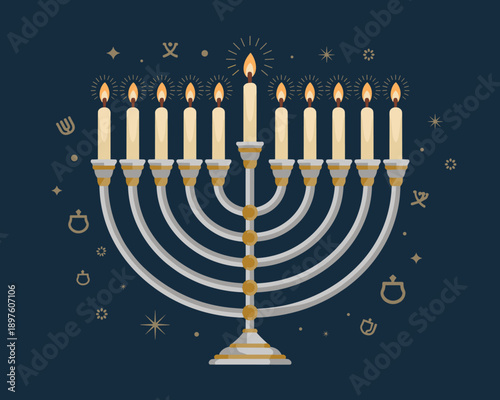 Elegant menorah with nine burning candles celebrates Hanukkah jewish holiday and festival of lights religious tradition vector illustration for greeting cards invitations backgrounds and cultural even