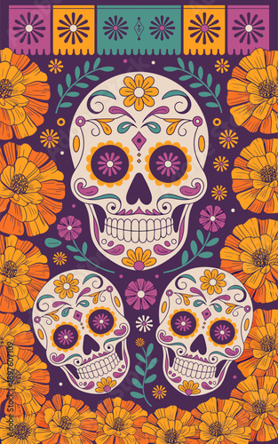 Day of the Dead sugar skull illustration with marigold flowers vector design for dia de los muertos celebration traditional mexican holiday remembrance background graphic with floral ornaments and fes
