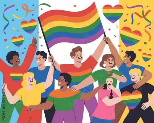 Diverse group of people celebrating pride month with rainbow flag heart symbols and colorful confetti in vibrant illustration for lgbtq community events and social media marketing promoting equality d