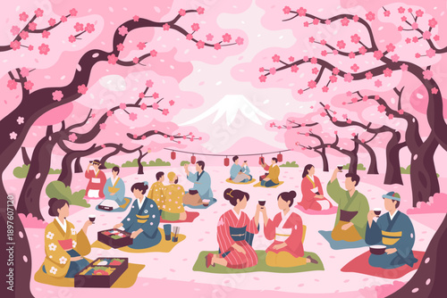 Japanese Cherry Blossom Festival with People Celebrating Hanami Picnic Under Sakura Trees with Mount Fuji in Background Traditional Cultural Event Celebration for Travel Tourism and Spring Holiday Sea