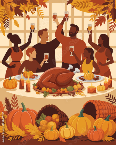 Diverse family celebrating Thanksgiving dinner with roasted turkey pumpkins and autumn decor festive holiday gathering of multiethnic people toasting drinks in a warm home setting for seasonal greetin