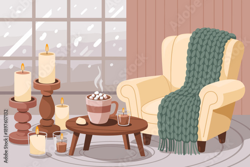 Cozy winter scene with hot chocolate and candles illustration showing comfortable armchair with blanket in cozy living room environment with window view of falling snow for relaxation and comfort them