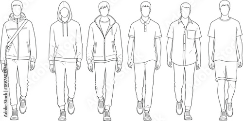 Male fashion outfit line art illustration showing casual clothing styles hoodies shirts t shirts shorts walking men silhouettes vector template