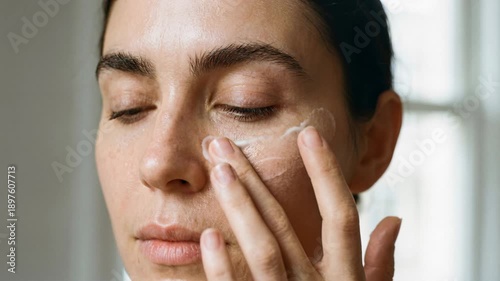 A woman with closed eyes gently applies white moisturizing cream to her temple and under-eye area, highlighting a daily skincare routine.