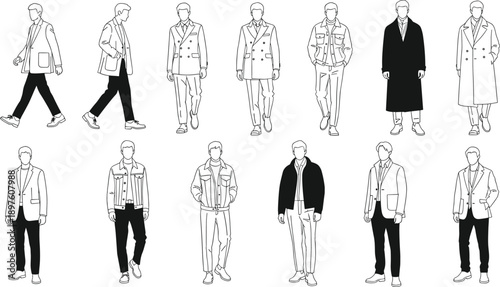 Minimal line art illustration of fashionable men walking in modern outfits isolated figures for fashion style reference set vector collection