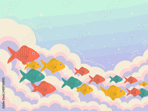 Colorful fish swimming together in dreamy sky with clouds cute cartoon illustration diverse group moving forward positive teamwork concept vibrant marine life background for children's books education