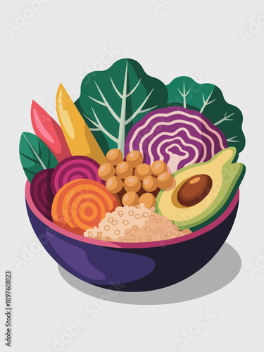 Colorful vegan buddha bowl with fresh vegetables and grains illustration for healthy eating lifestyle balanced diet nutritious meal concept vibrant veggie bowl for restaurant menu food blog banner or