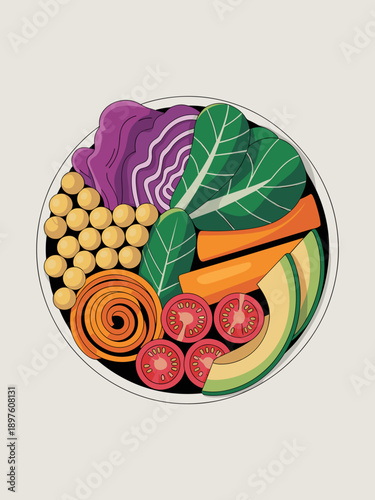 Nutritious vegan buddha bowl overflowing with fresh vegetables and chickpeas offering balanced diet modern healthy eating lifestyle food illustration for wellness blog culinary presentation plant base