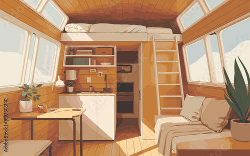 Cozy tiny house interior with loft bed and minimalist design compact living space comfortable small home concept for sustainable lifestyle modern architecture travel vacation rental property real esta