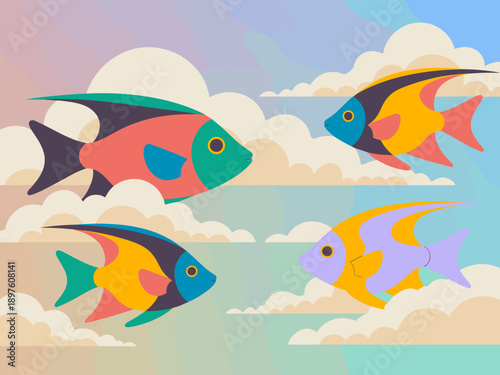 Colorful tropical fish swimming in cloudy sky vibrant illustration for marine life conservation awareness aquatic ecosystem background ocean wildlife educational resources underwater nature beauty con