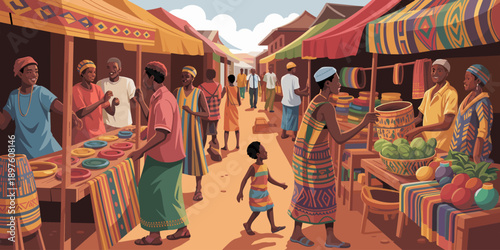 Vibrant African Marketplace Scene with Local Vendors and Customers Shopping for Goods Diverse Ethnic Community at Outdoor Street Market Traditional Crafts Food and Textiles for Travel Tourism and Cult
