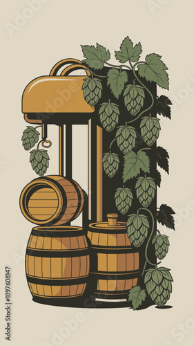 Vintage beer brewing equipment with wooden barrels and hop vines illustration classic brewery setup for craft beer production retro style graphic design element for pub or bar decor and beverage indus