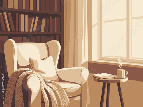 Cozy armchair and bookshelf in warm room with window light and hot coffee reading book at home interior illustration for relaxation quiet time lifestyle concept promoting comfort and tranquility for h