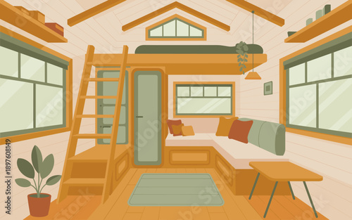 Cozy tiny house interior with sleeping loft ladder sofa and plant in minimalist design aesthetic offering sustainable living small space lifestyle illustration for real estate architecture blog post b