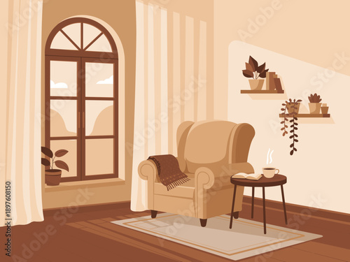 Comfortable armchair in living room with coffee and book illustration cozy modern interior design concept peaceful relaxation scene with houseplant decor reading lifestyle background for real estate a
