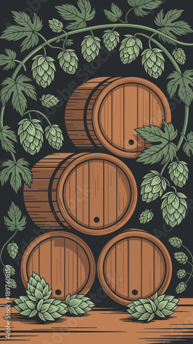 Vintage wooden beer barrels stacked with hop cones and leaves illustration for brewery advertising craft beer production process traditional alcohol beverage concept rustic pub decor brewery backgroun
