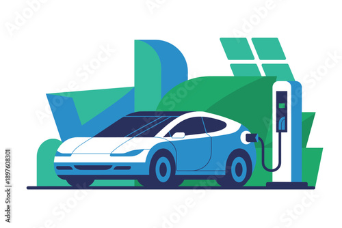 Modern electric car charging at station with solar panels abstract vector graphic design for green energy transport sustainable technology clean transportation futuristic automotive industry presentat