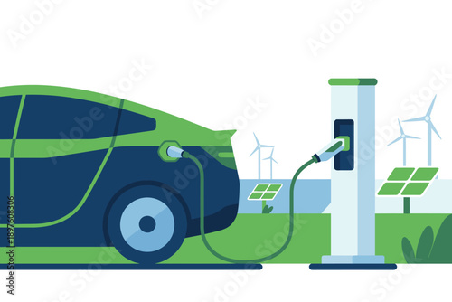 Electric car charging at station with windmills and solar panels clean energy vehicle plugged in at public charger renewable power sustainable transport future technology environment concept for green