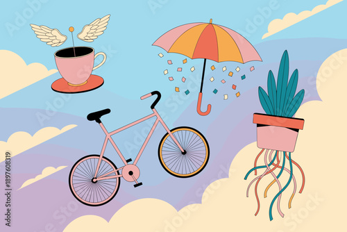 Whimsical sky scene with pink bicycle umbrella coffee cup and potted plant floating among clouds surreal illustration for creative projects imaginative designs and dreamlike concepts in marketing adve