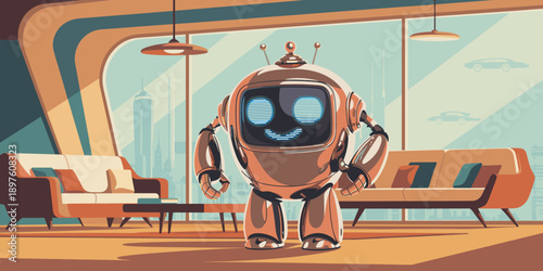 Friendly robot character standing in modern living room with cityscape background futuristic automated assistant smiling in home interior ai technology concept for marketing presentations and tech ind