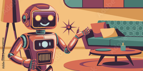 Friendly robot character illustration relaxing in modern living room interior design with sofa and retro decor home automation technology concept for advertising marketing presentations and futuristic