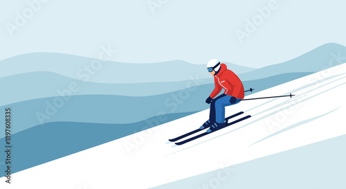 Dynamic Skiing Descent Down Snowy Mountain Slopes With Layered Background