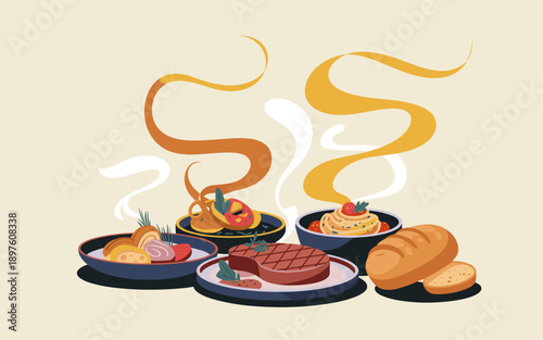 Delicious food dishes assortment with steak pasta soup and bread on table gourmet dining experience for restaurant menu catering service culinary blog healthy eating lifestyle fresh ingredients tradit