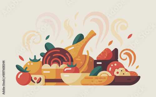 Stylized food still life illustration with fresh produce elements vector graphic healthy cooking concept abstract geometric shapes arrangement for restaurant menu designs culinary blog posts and nutri