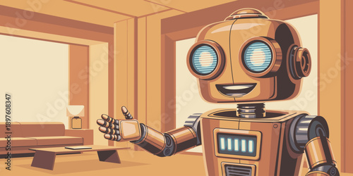 Friendly robot offering a handshake in modern living room interior artificial intelligence futuristic concept welcoming gesture technology character for presentations advertising marketing ai assistan