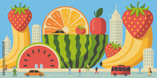 Vibrant fruit cityscape illustration with giant watermelon orange apple banana and strawberry with tiny people and cars walking driving on street urban food market concept background for healthy lifes