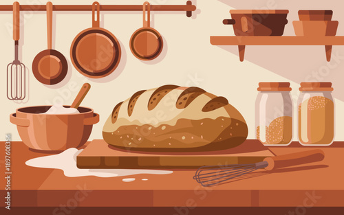 Artisanal sourdough bread loaf in cozy kitchen setting with cooking utensils homemade baking concept for culinary blog recipe illustration bakery advertisement food photography with rustic charm warm