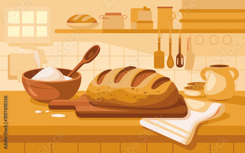 Freshly Baked Bread Loaf on Wooden Board in Kitchen Illustration healthy homemade baking concept background for bakery shop advertisement food blog recipe website culinary presentation promotion